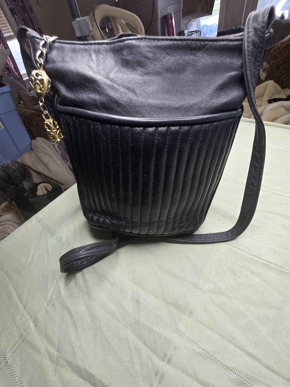 Vintage Paris Handbags New York Black Leather Pleated Bucket Bag - Metal Charm